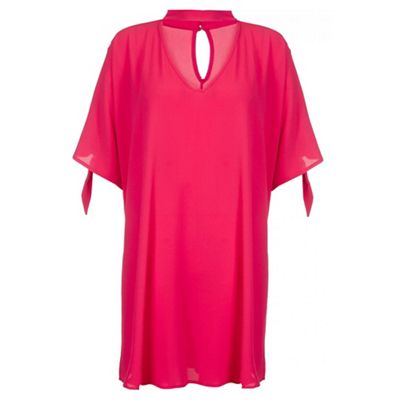Pink curve choker detail tie sleeve tunic dress